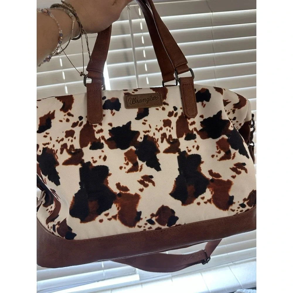 Wrangler Cow Print Weekender Duffel Bag Western Travel Carry On Brown Cream